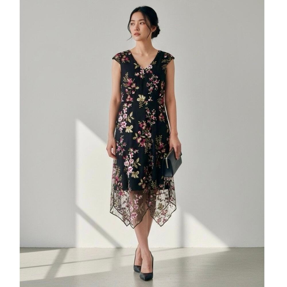 J.S. Collection Floral Embroidered Fit & Flare Midi Asymmetrical Dress 6 NWT